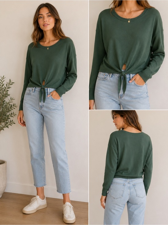 Abercrombie & Fitch Tops - Abercrombie & Fitch Forest Green Tie Front Sweater Soft Knit Long Sleeve Small